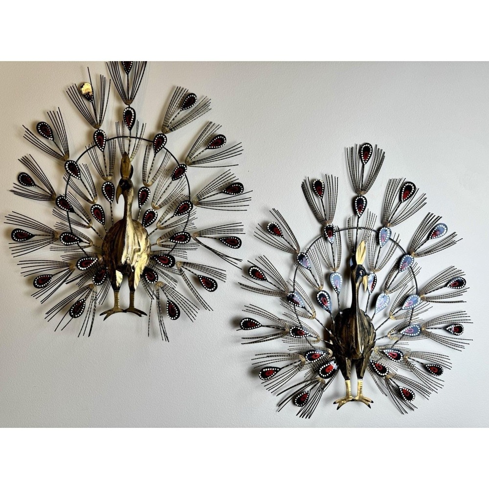 Vintage Mid Century Modern Metal Peacock Wall Art Set Gold Black Red 18 Inch